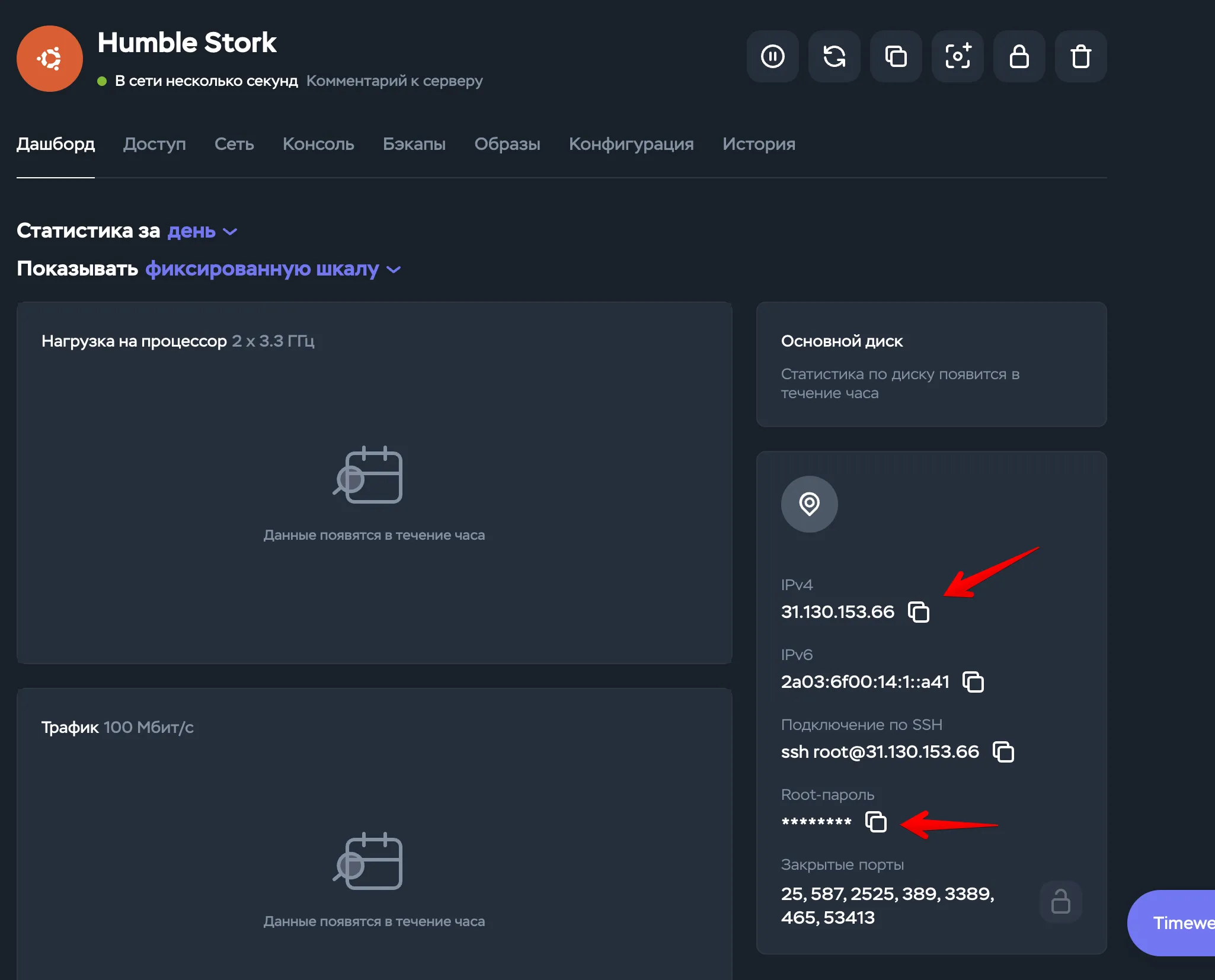 IP-адрес и пароль сервера в панели Timeweb